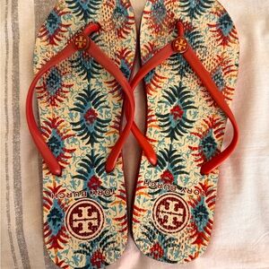 Tory Burch Red and Blue Floral Flip Flops